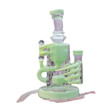 Calibear Ribbing Horn Klein Bong in pastel green, 7" heady recycler design, 90-degree joint, held in hand