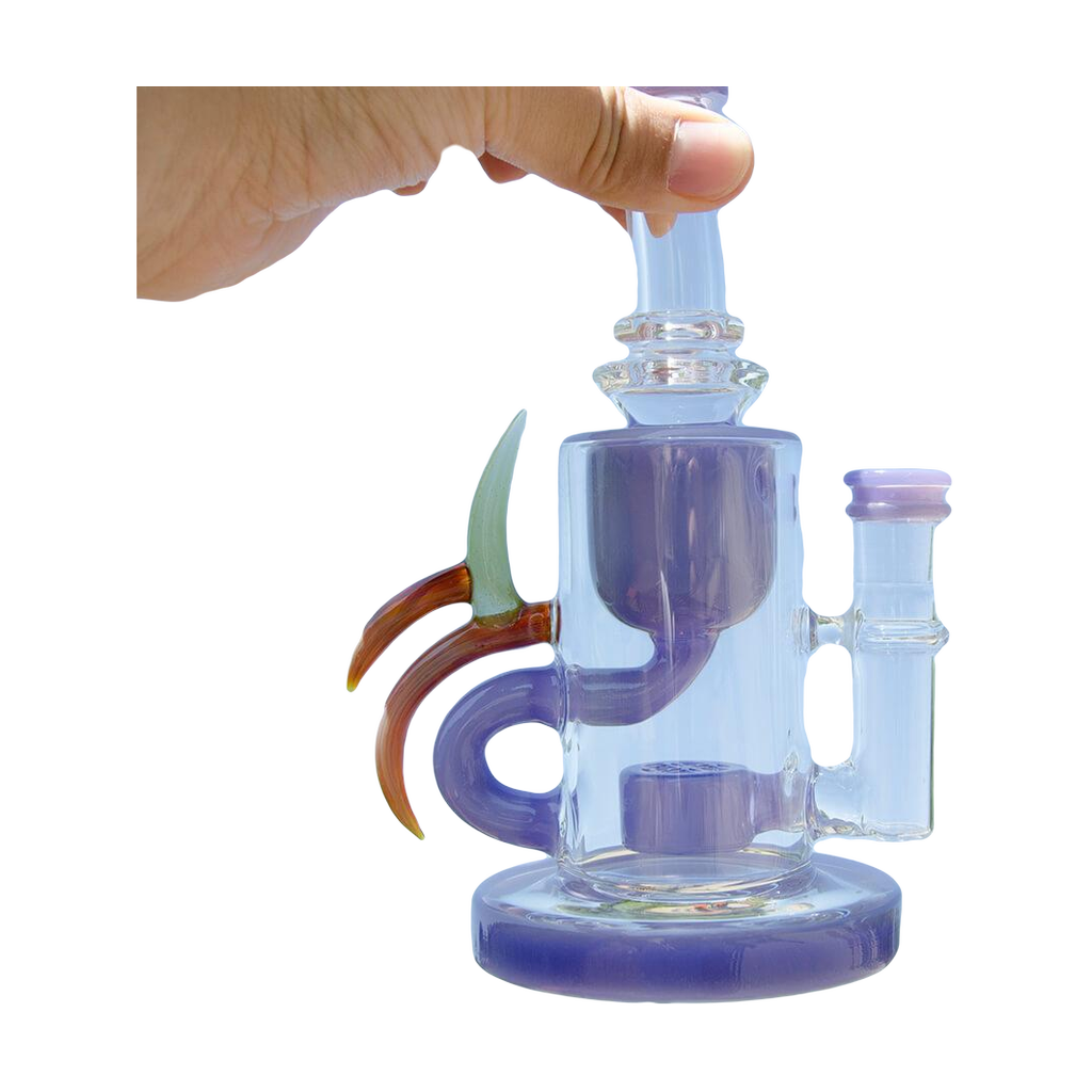 Calibear Ribbing Horn Klein bong in hand, purple glass with recycler design, 90-degree joint, outdoor