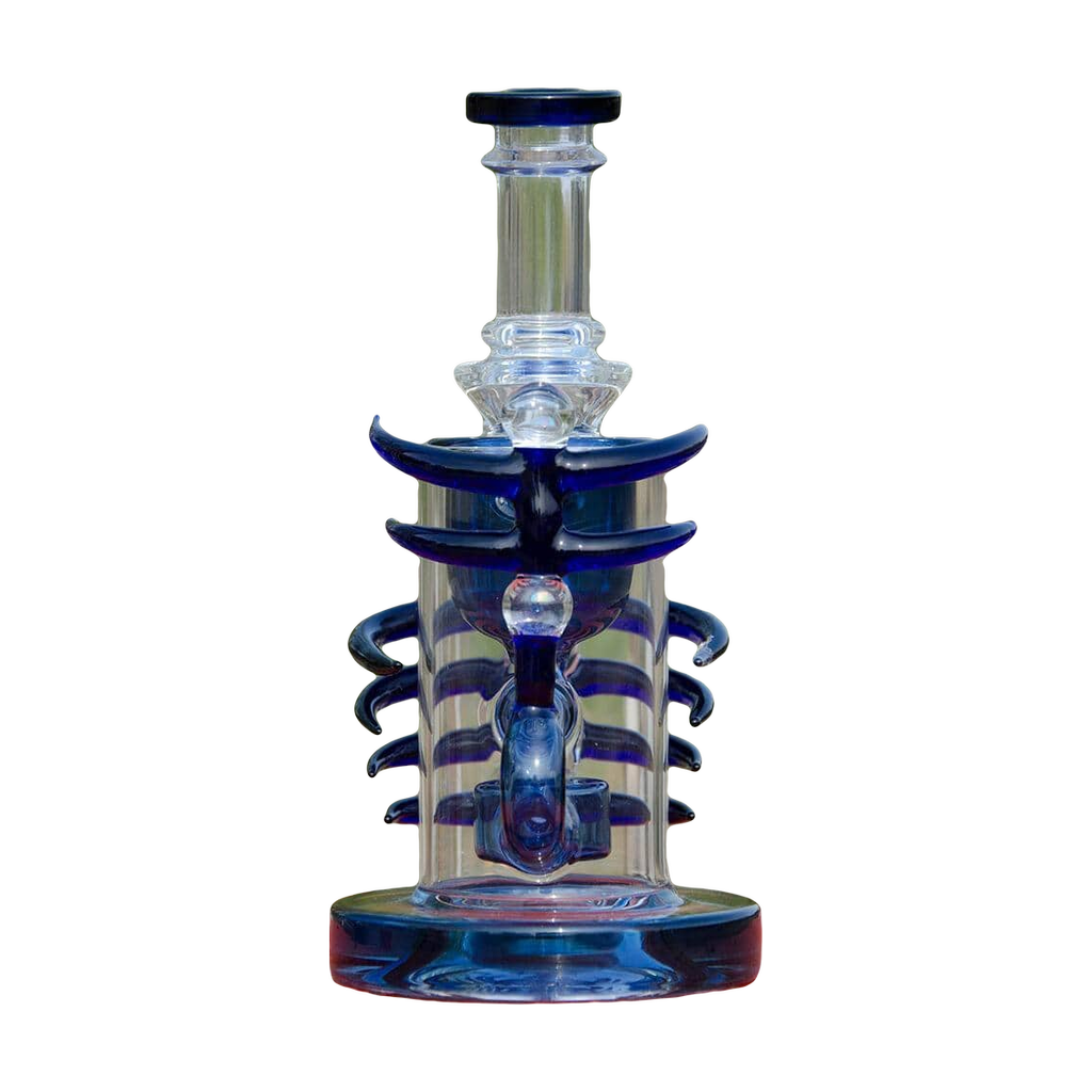 Calibear Ribbing Horn Klein Bong in blue, front view, with intricate glass horns and recycler design, for concentrates.