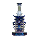 Calibear Ribbing Horn Klein Bong in blue, front view, with intricate glass horns and recycler design, for concentrates.