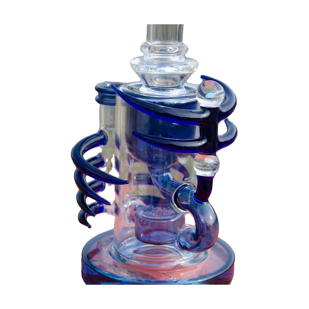 Calibear Ribbing Horn Klein Bong in Blue, Heady Recycler Design, 90 Degree Joint, Side View