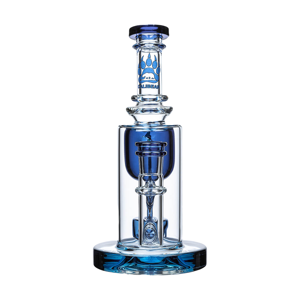 Calibear Ribbing Horn Klein Recycler Bong in Blue, 7" with Quartz Banger - Front View