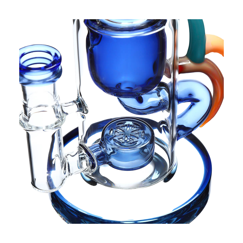 Close-up of Calibear Ribbing Horn Klein Bong in Blue, featuring intricate glasswork and 14mm joint