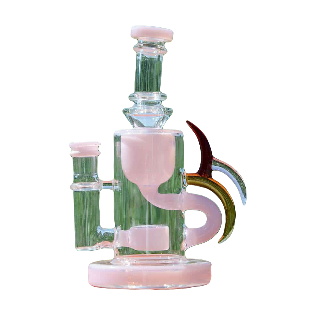 Calibear Ribbing Horn Klein Recycler Bong in Pink with Glass on Glass Joint, Outdoor View