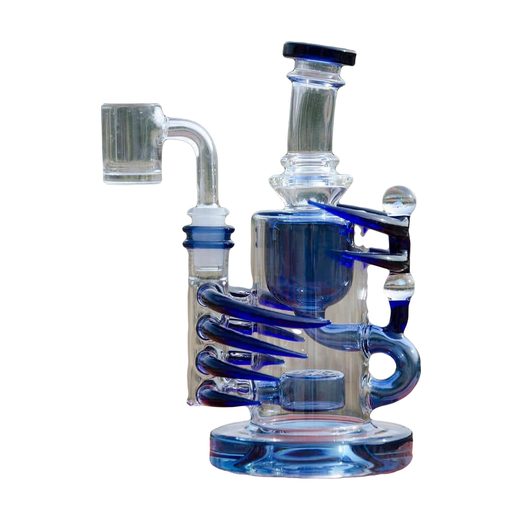 Calibear Ribbing Horn Klein bong with intricate blue glass design, 7" height, 90-degree joint, side view