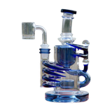 Calibear Ribbing Horn Klein bong with intricate blue glass design, 7" height, 90-degree joint, side view