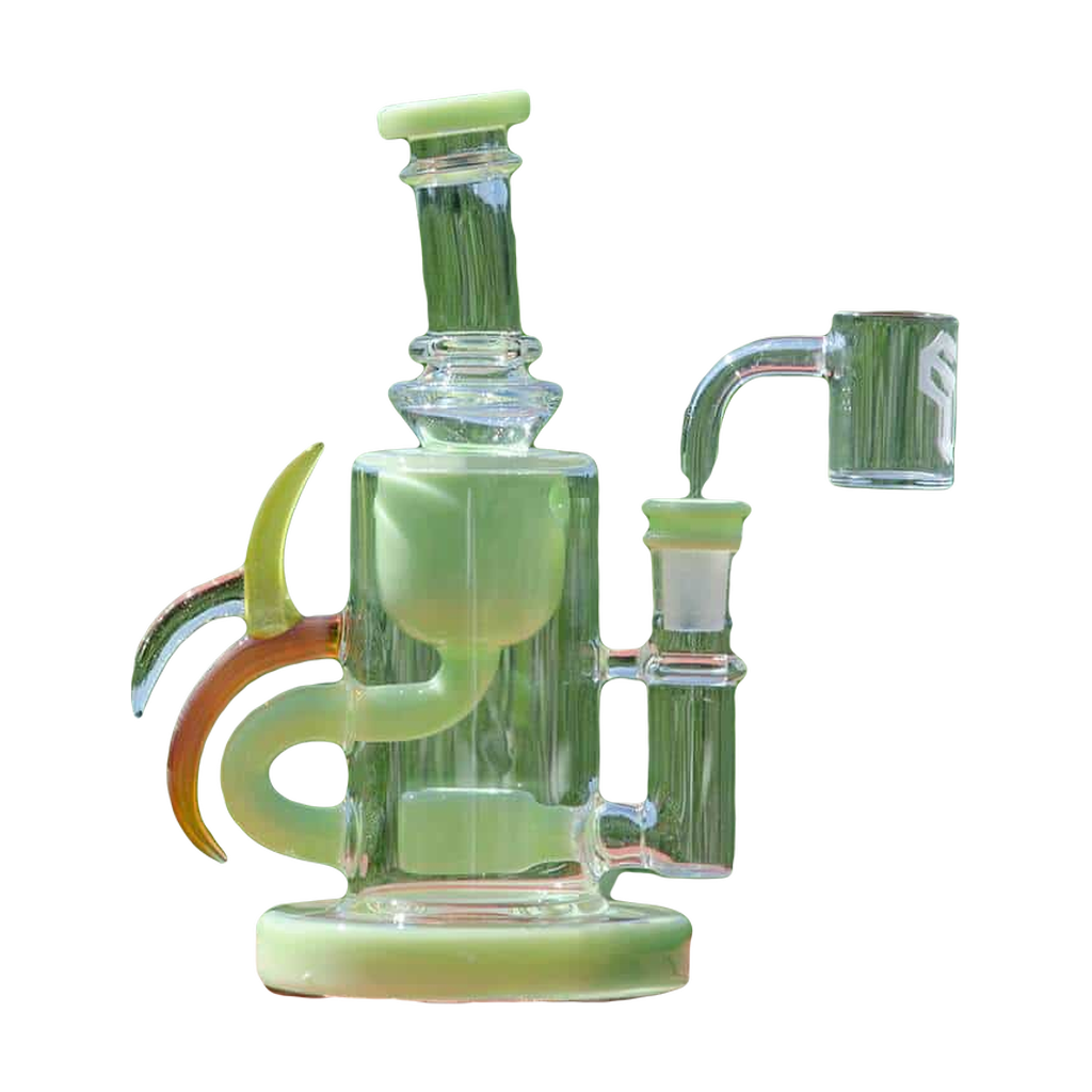 Calibear Ribbing Horn Klein Bong in Milk Green with Heady Recycler Design, 7" Tall, 90 Degree Joint