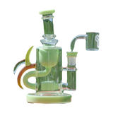 Calibear Ribbing Horn Klein Bong in Milk Green with Heady Recycler Design, 7" Tall, 90 Degree Joint