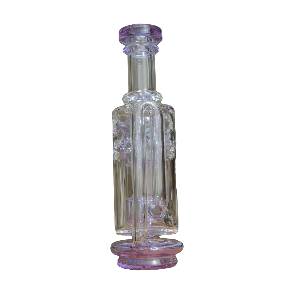 Calibear Straight Fab Puffco Attachment with purple accents, front view on natural background