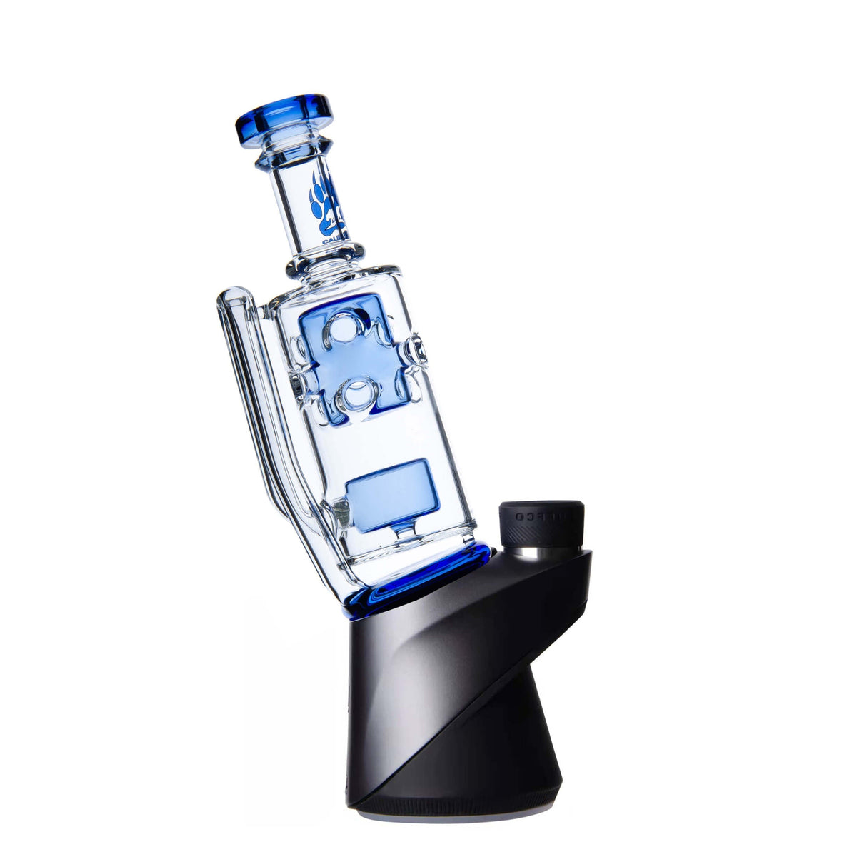 Calibear Straight Fab Puffco Attachment in blue, clear glass e-rig accessory, angled side view