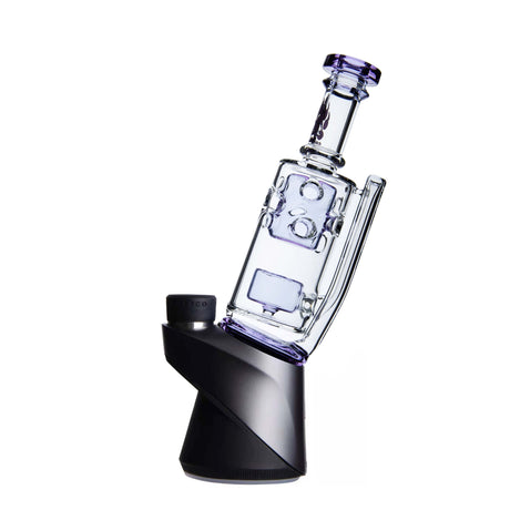 Calibear Straight Fab Puffco Attachment in Clear Glass with Blue Accents, Front View on Black Stand