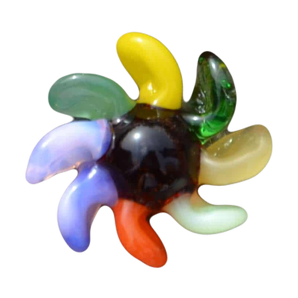 Calibear Borosilicate Glass Terp Spinners, colorful 4pc set for 25mm bangers, top view on wood