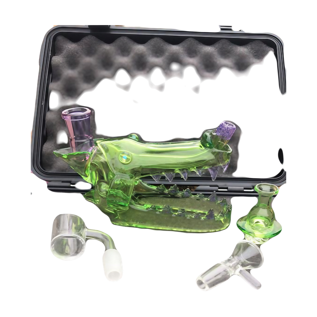 Calibear Wolf Head Dab Rig in Green with Pinhole Perc and Color Accents, displayed with accessories