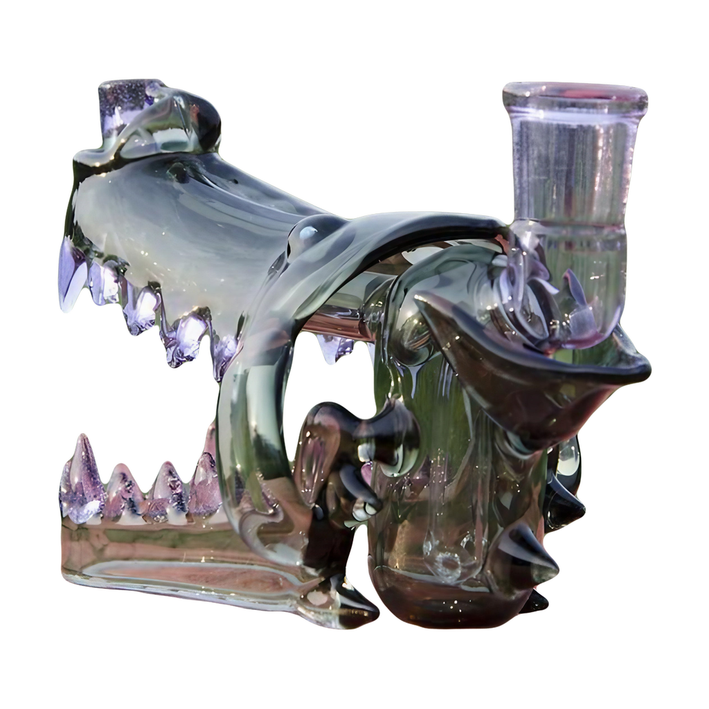 Calibear Wolf Head Dab Rig with Pinhole Perc, 6.3" Side View on Wooden Surface