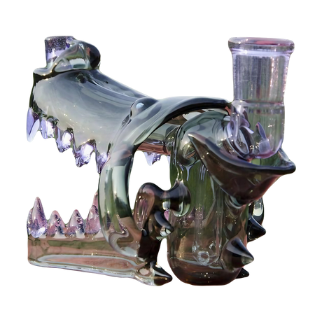 Calibear Wolf Head Dab Rig with Pinhole Perc, 6.3" Side View on Wooden Surface
