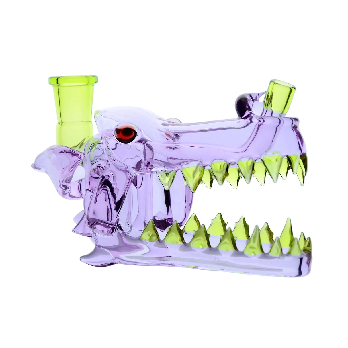 Calibear Wolf Head Dab Rig in Purple with Green Accents, Side View, 14mm Joint