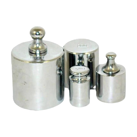 Set of three stainless steel calibration weights, 200g total, front view on white background