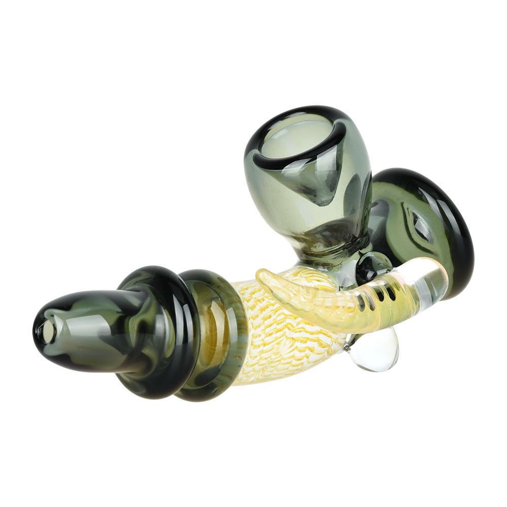 Call Of The Wild Horned Steamroller Pipe, 5" Borosilicate Glass, Black with Yellow Accents