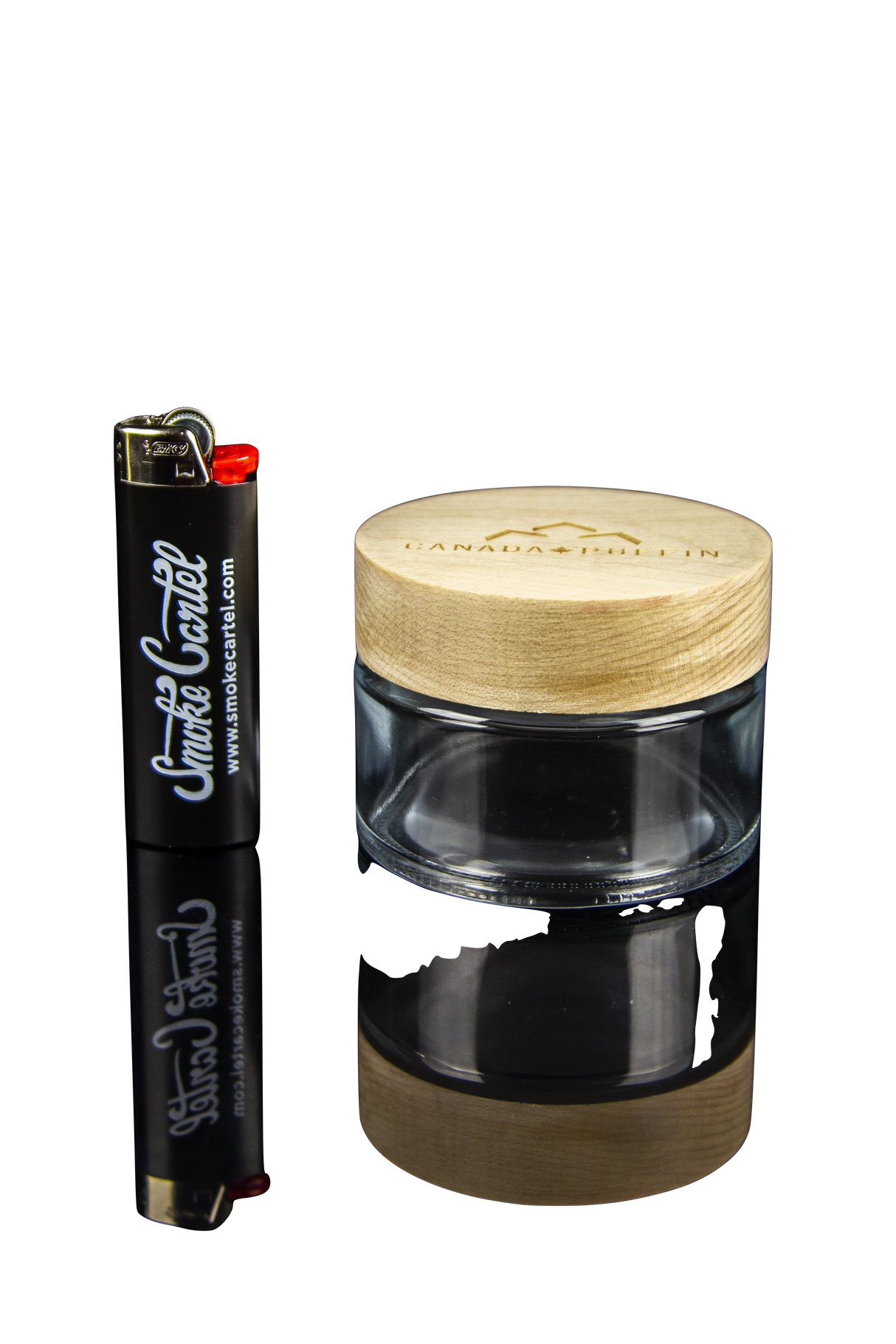 Canada Puffin Jasper Wooden Lid Storage Jar beside Clipper Lighter on Black Background