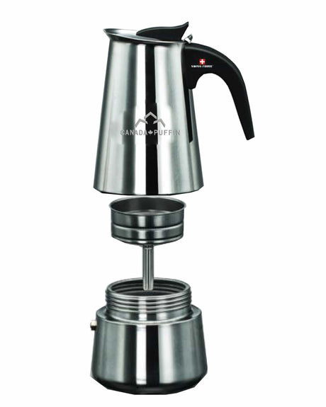 Canada Puffin Swiss Force Cannabutter Maker in stainless steel, front view, for dry herb infusion