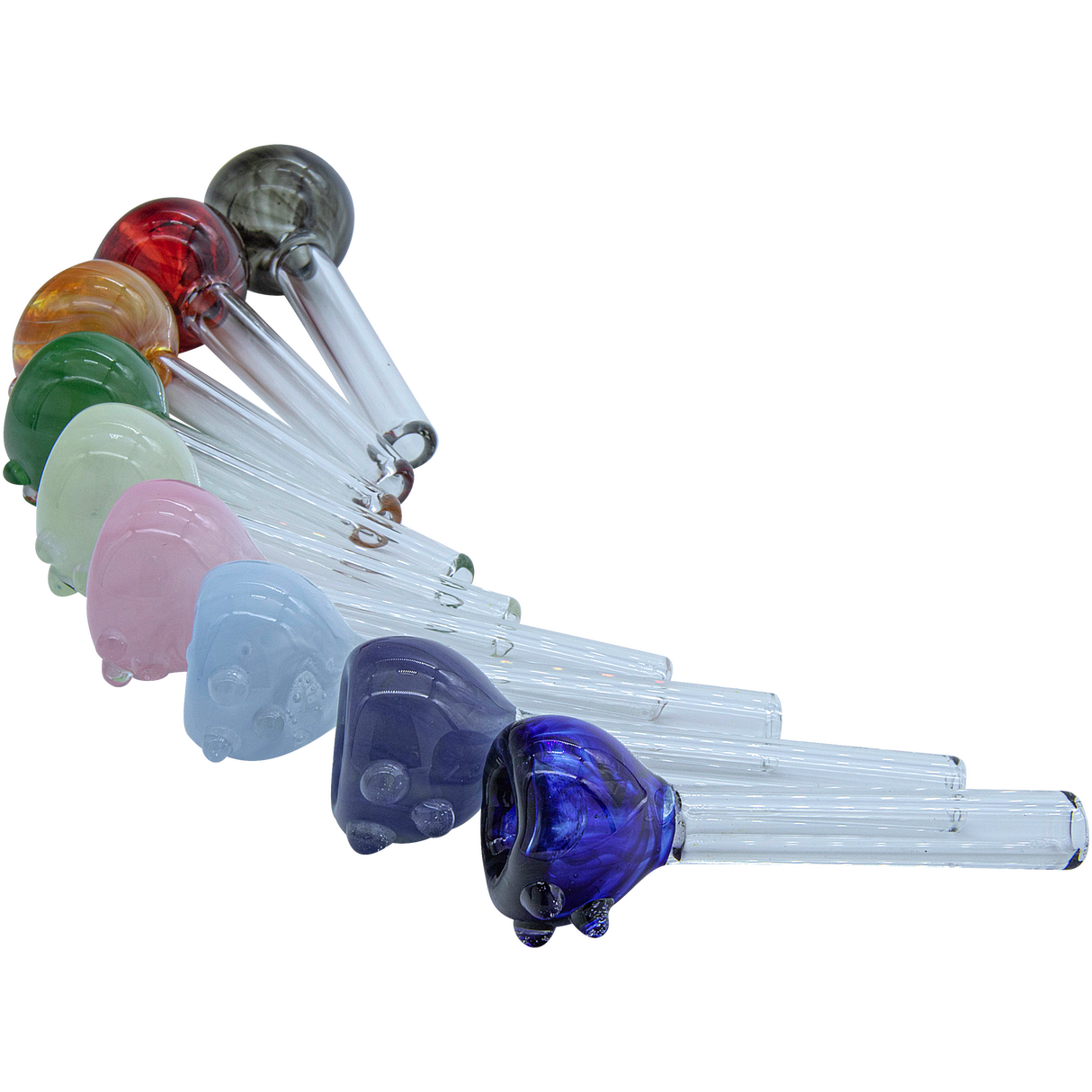 Assorted candy-colored LA Pipes pull-stem slides for bongs, made of borosilicate glass, side view