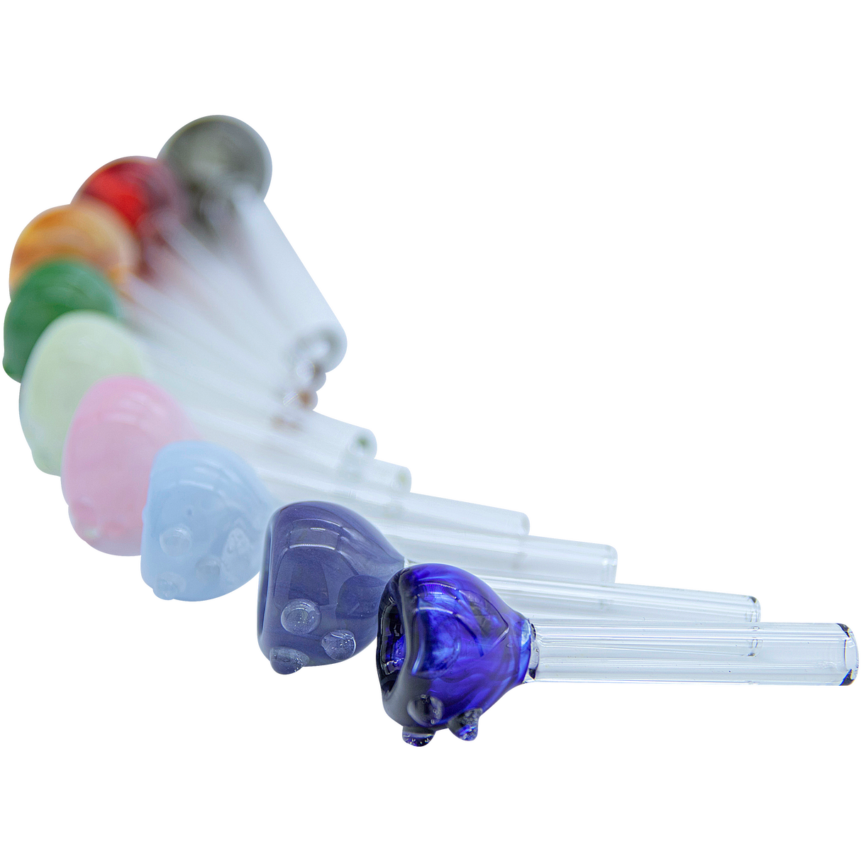Assorted candy-colored LA Pipes pull-stem slides for bongs, borosilicate glass, top view