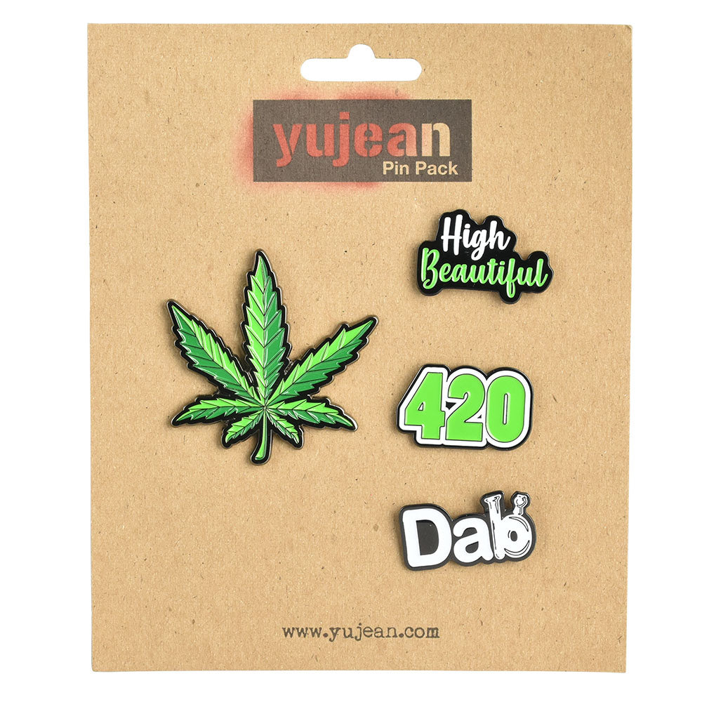 Set of 4 Cannabis-themed Enamel Pins, Steel Material, 2" Size on Display Card