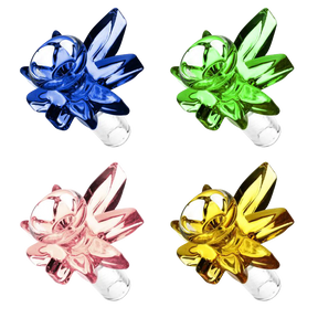 Assorted Cannabis Leaf Glass Herb Slides in blue, green, pink, and yellow, top view