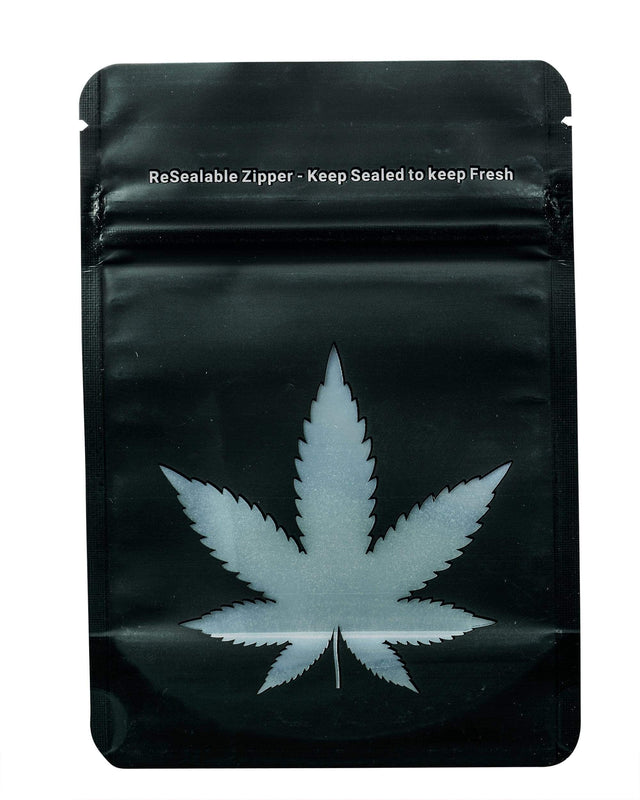 Black Cannabis Leaf Smell Proof Bag by Valiant Distribution, front view, resealable and portable