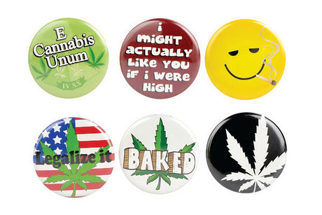 Assorted cannabis-themed 1" metal buttons with fun and novelty designs, ideal for novelty gifts