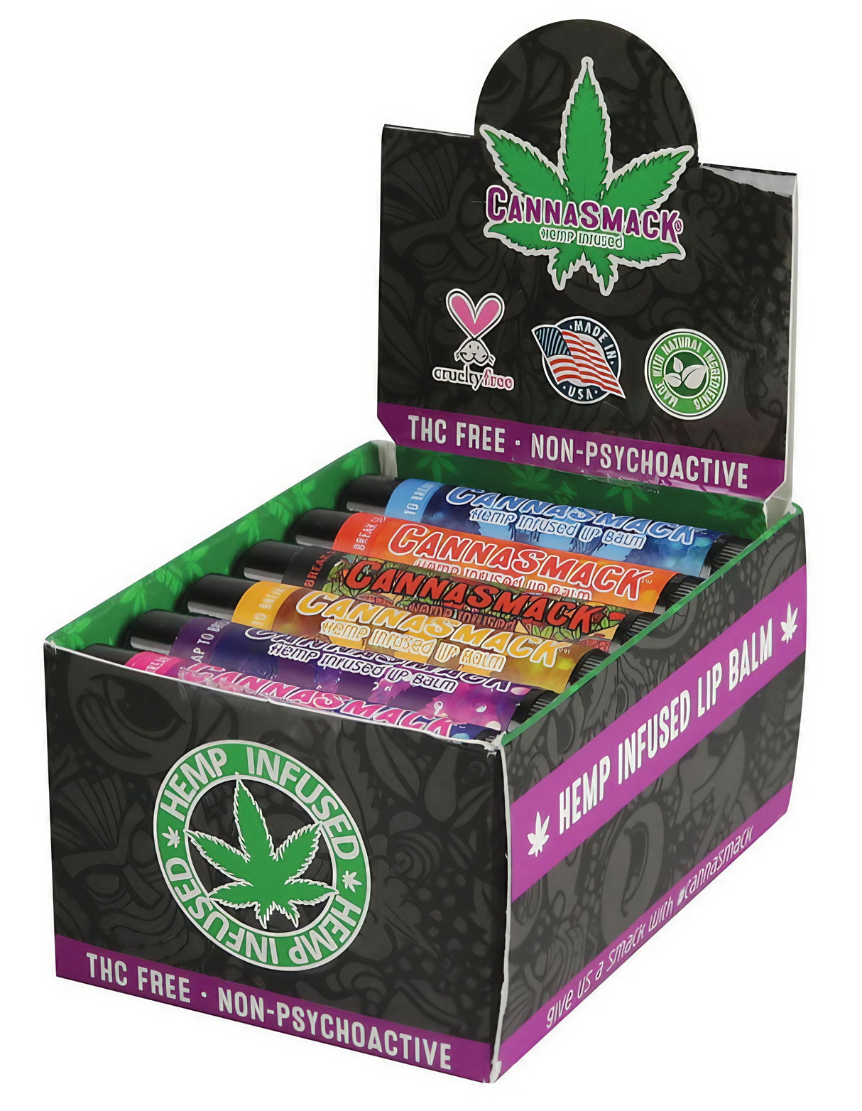 Cannasmack Lip Balm Mixed SPF15 display box with assorted flavors, THC free, front view