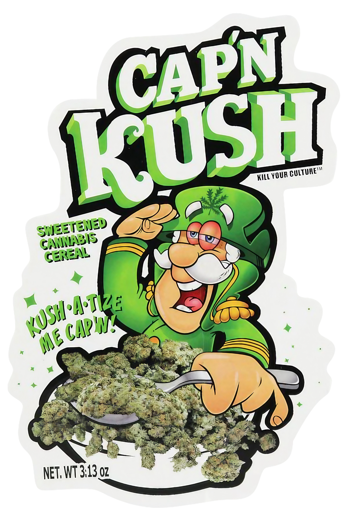 Cap'n Kush novelty sticker with cartoon character and cannabis-themed cereal design, size 3.5" x 5.5"