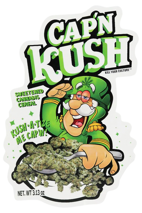 Cap'n Kush novelty sticker with cartoon character and cannabis-themed cereal design, size 3.5" x 5.5"