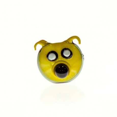 Cartoon Canine Spoon Pipe by Valiant Distribution, clear and yellow borosilicate glass, front view