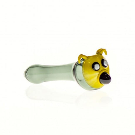 Cartoon Canine Spoon Pipe, clear & yellow borosilicate glass, portable 4" size, front view