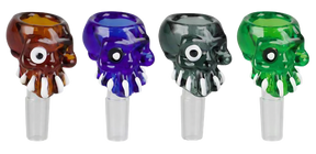 Assorted colors cartoon skull herb slides with heavy wall glass, front view on white background