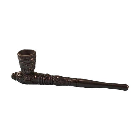 Carved Wood Tobacco Pipe, 8" Heavy Wall, Side View on White Background
