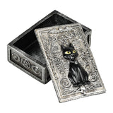 Polyresin Cat Tarot Stash Box 3.75"x5.5" with mystical symbols, front view lid open