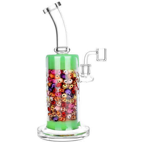 Catacomb Glass Dab Rig with colorful chamber design, 11" tall, 14mm female joint - Front View