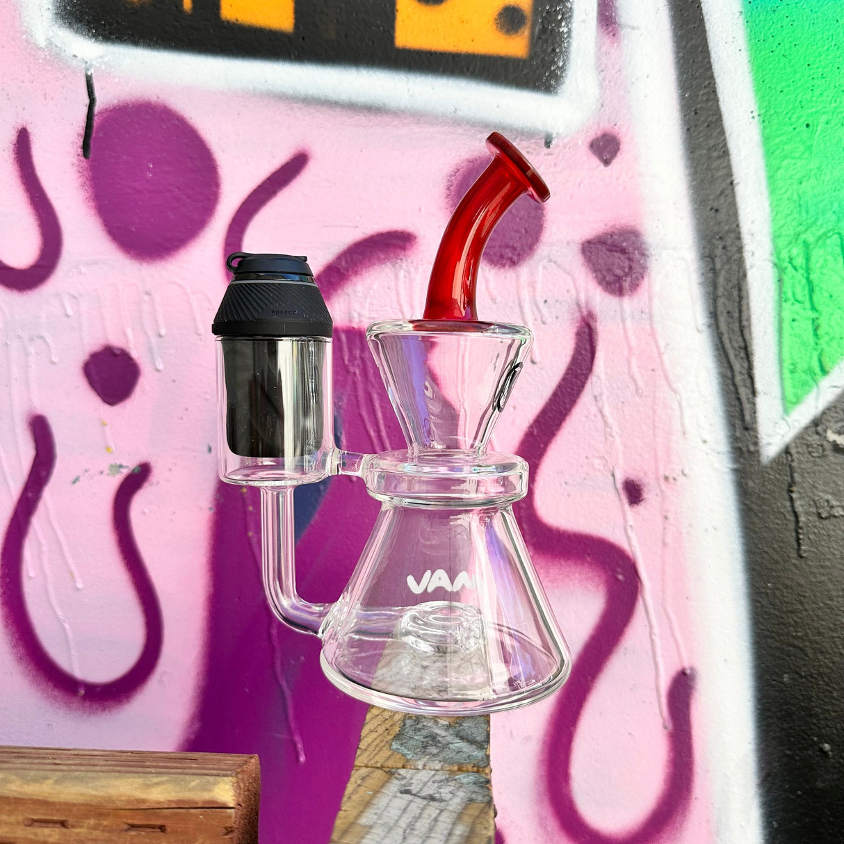MAV PRO Catalina Proxy Rig in Blood Red Over Icy White Satin, angled view against graffiti wall