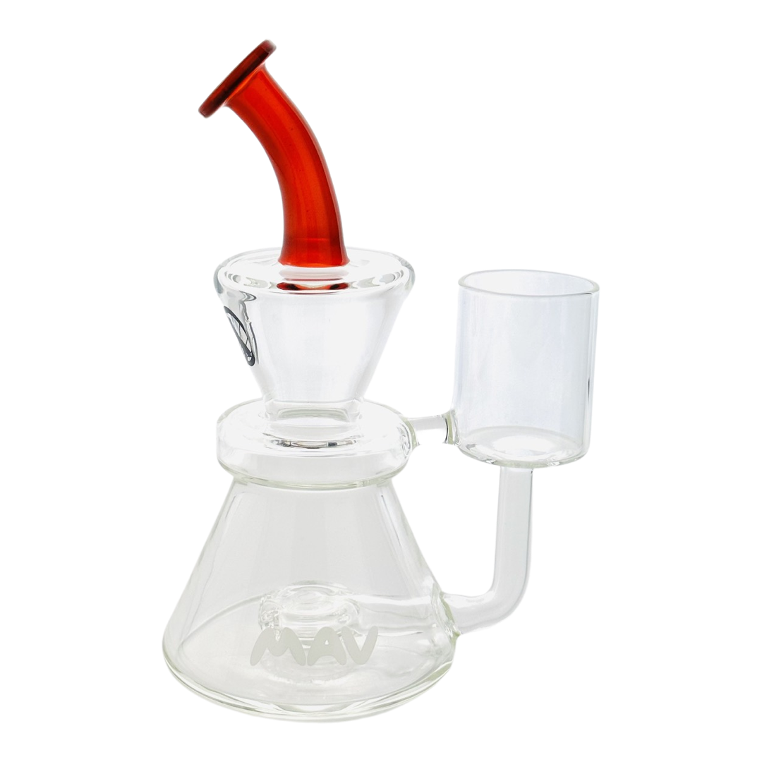 MAV PRO Catalina Proxy Rig in Blood Red Over Icy White Satin with Clear Glass Bowl - Side View
