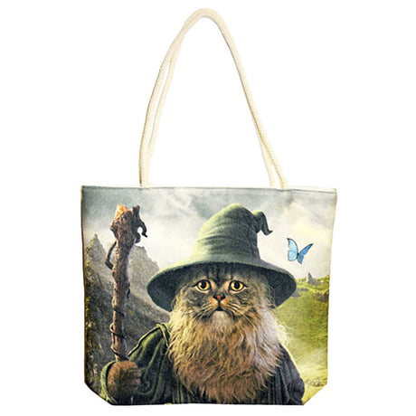 Catdalf tote bag with jute rope handle, 17"x15", whimsical cat wizard design on black background, front view
