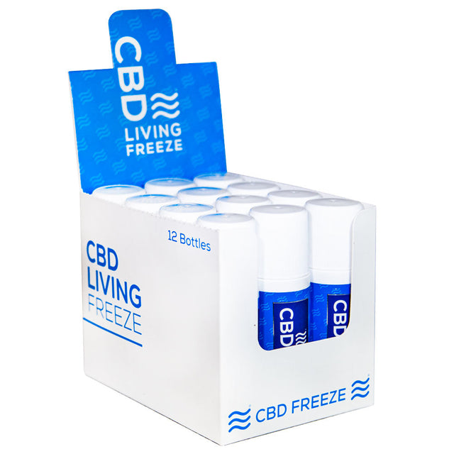 CBD Living Freeze display with 12 topical roll-ons, each with 300mg CBD, front view on white background