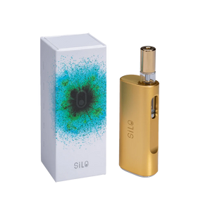 CCELL Silo Auto Draw Cartridge Vaporizer in Gold, 500mAh, side view with packaging