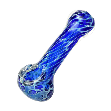 Cellular Blue Glass Spoon Pipe, 4" Borosilicate, Angled Side View on White