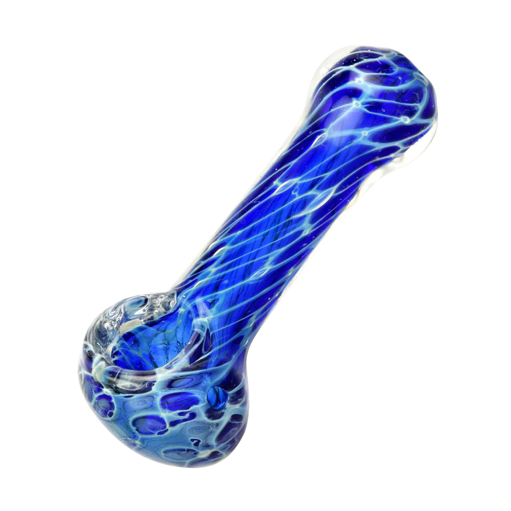 Cellular Blue Glass Spoon Pipe, 4" Borosilicate, Angled Side View on White