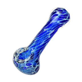 Cellular Blue Glass Spoon Pipe, 4" Borosilicate, Angled Side View on White