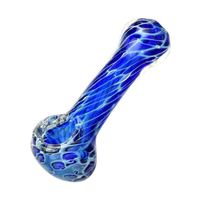 Cellular Blue Glass Spoon Pipe, 4" Borosilicate, Angled Side View on White