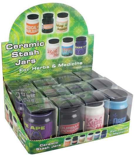 12-pack Ceramic Stash Jars with rubber seals, various colors, front view on display stand