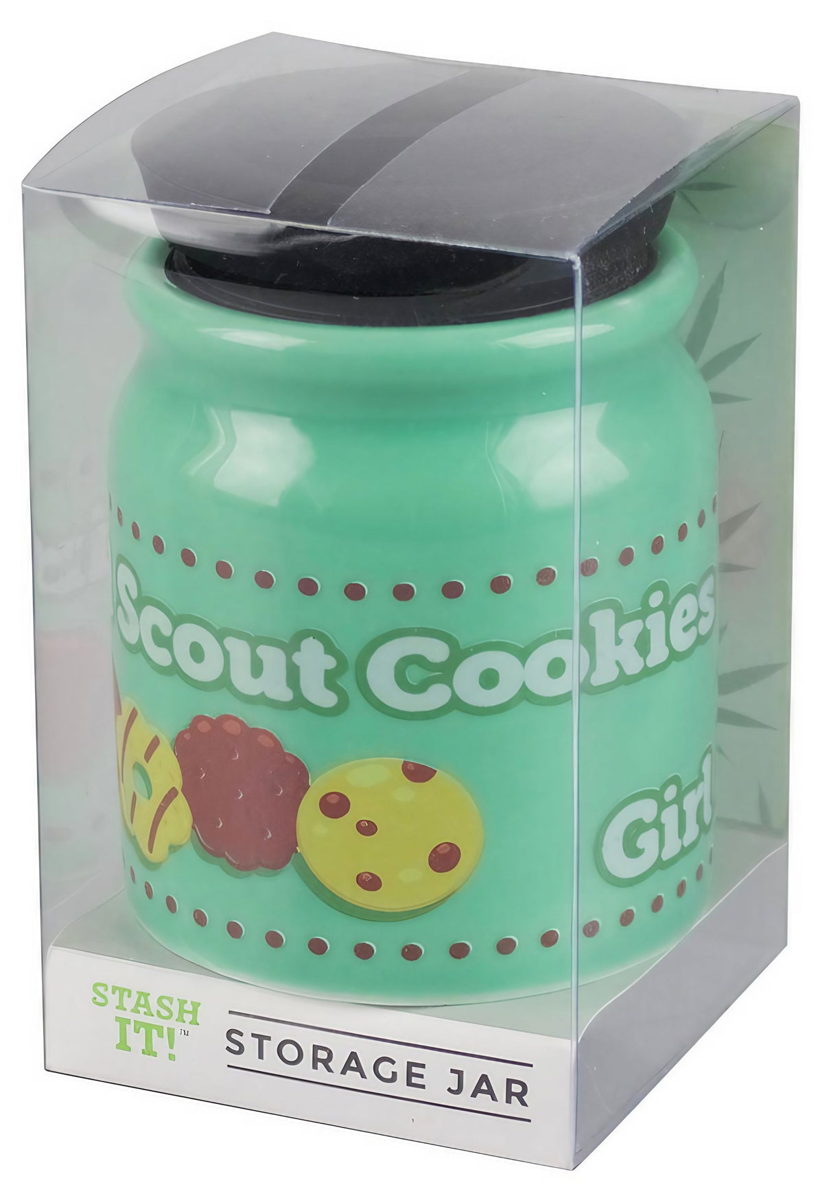 Ceramic Stash Jar with Scout Cookies design, rubber seal lid, front view in packaging
